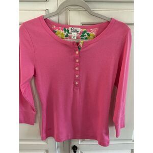 Lilly Pulitzer Sz S Pink Henley 3/4 Sleeve